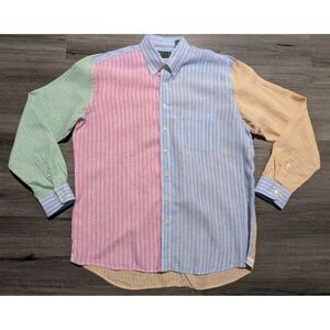 MINE Men's‎ Striped Patchwork 100% Linen Long Sleeve Button Up Shirt Size XL
